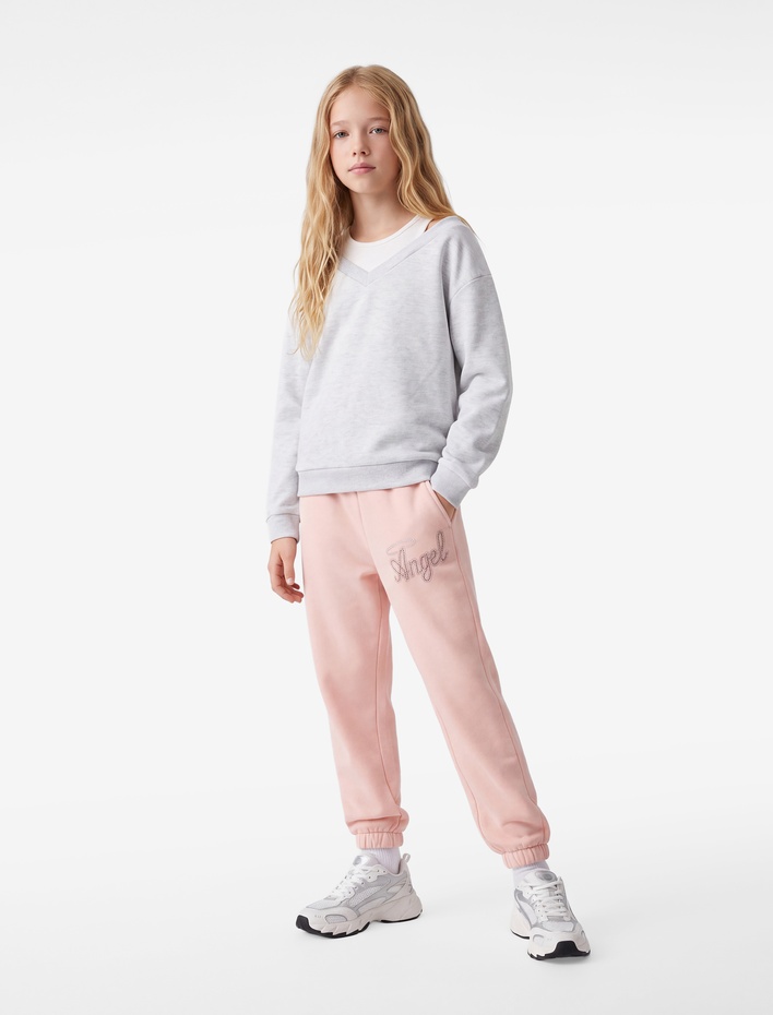 Kız Çocuk Şardonlu Taşlı Beli Lastikli Jogger Eşofman Altı