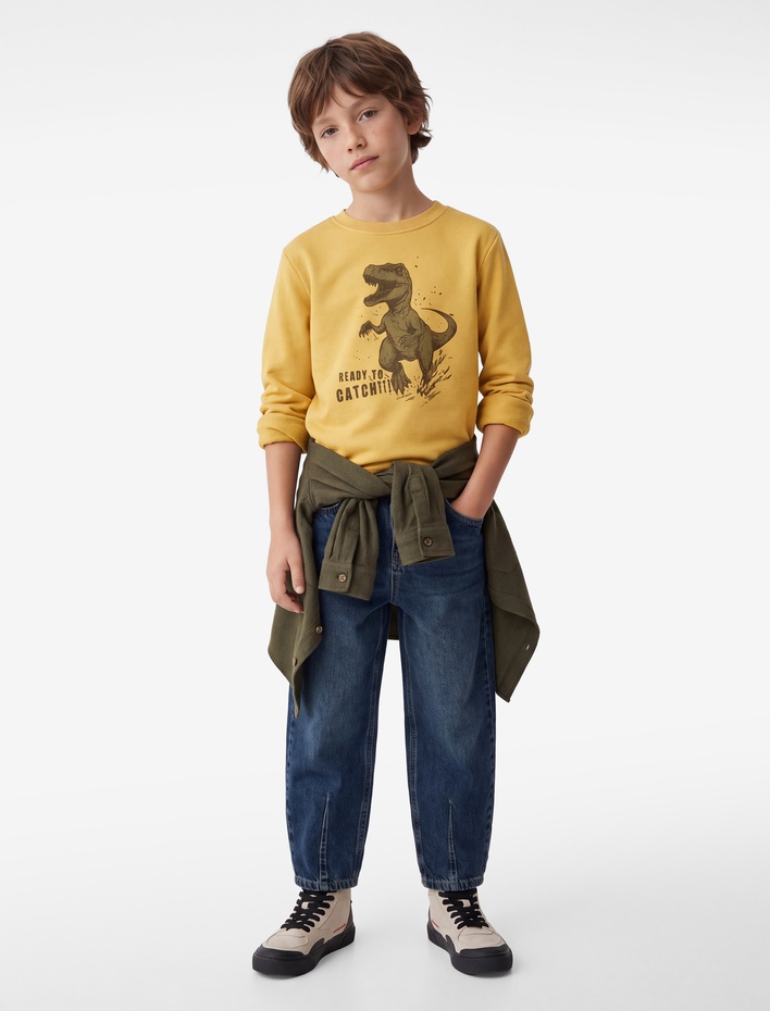 Erkek Çocuk Dinozor Baskılı Uzun Kollu Bisiklet Yaka Şardonlu Sweatshirt