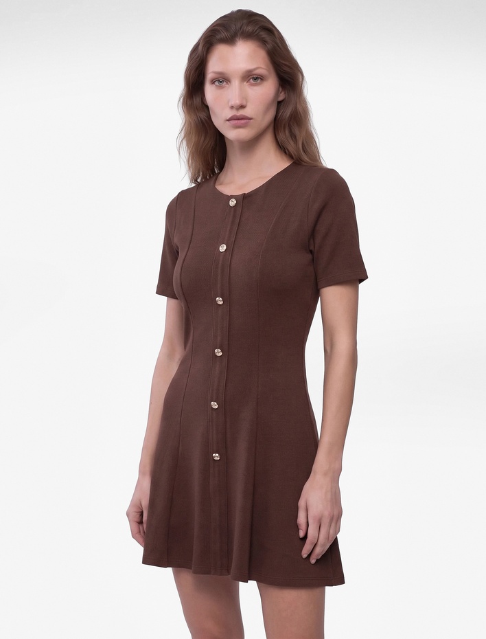  Slim Fit Bisiklet Yaka Kısa Kollu Süs Düğmeli Mini Elbise