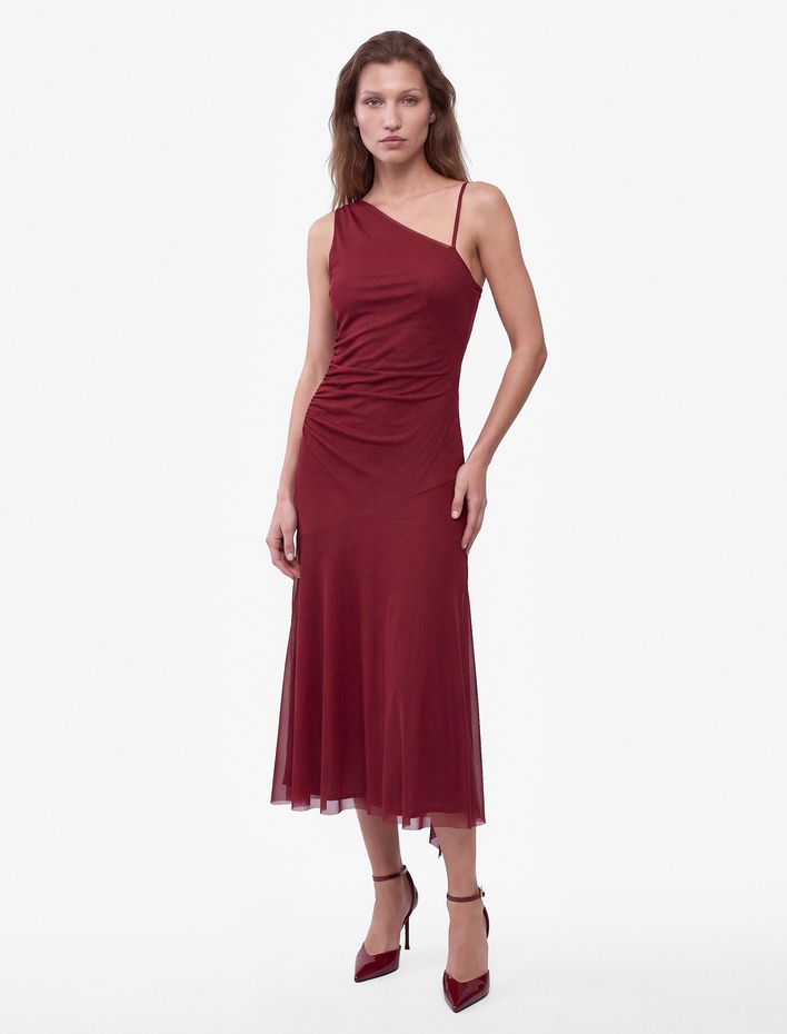  Slim Fit İnce Askılı Tek Omuz Asimetrik Kesim Fularlı Tül Midi Elbise