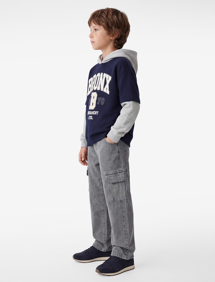 Erkek Çocuk Baskılı Şardonlu Uzun Kollu Oversize Kapşonlu Sweatshirt