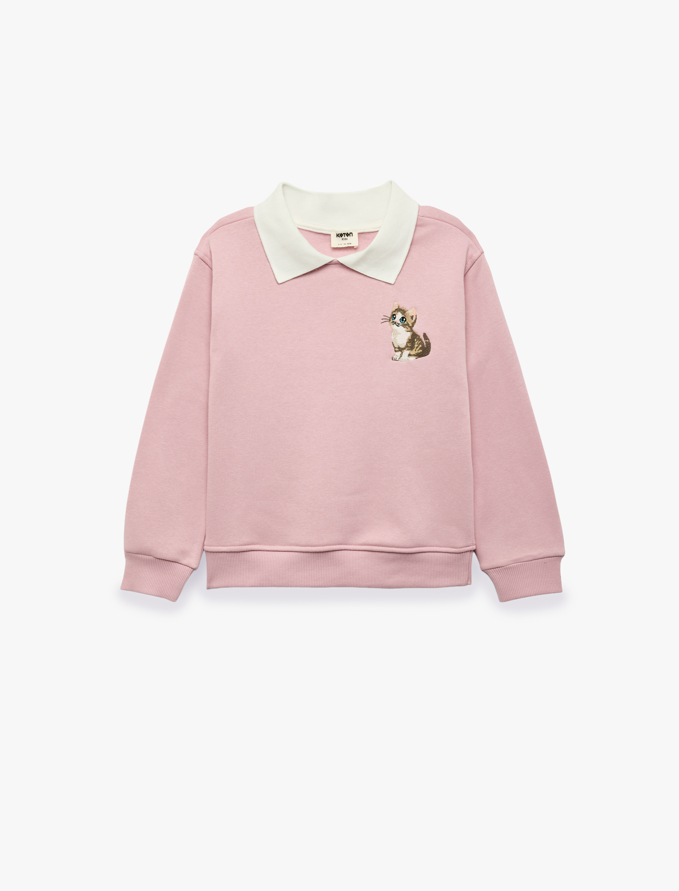  Kız Çocuk Kedi Nakışlı Uzun Kollu Polo Yaka Sweatshirt