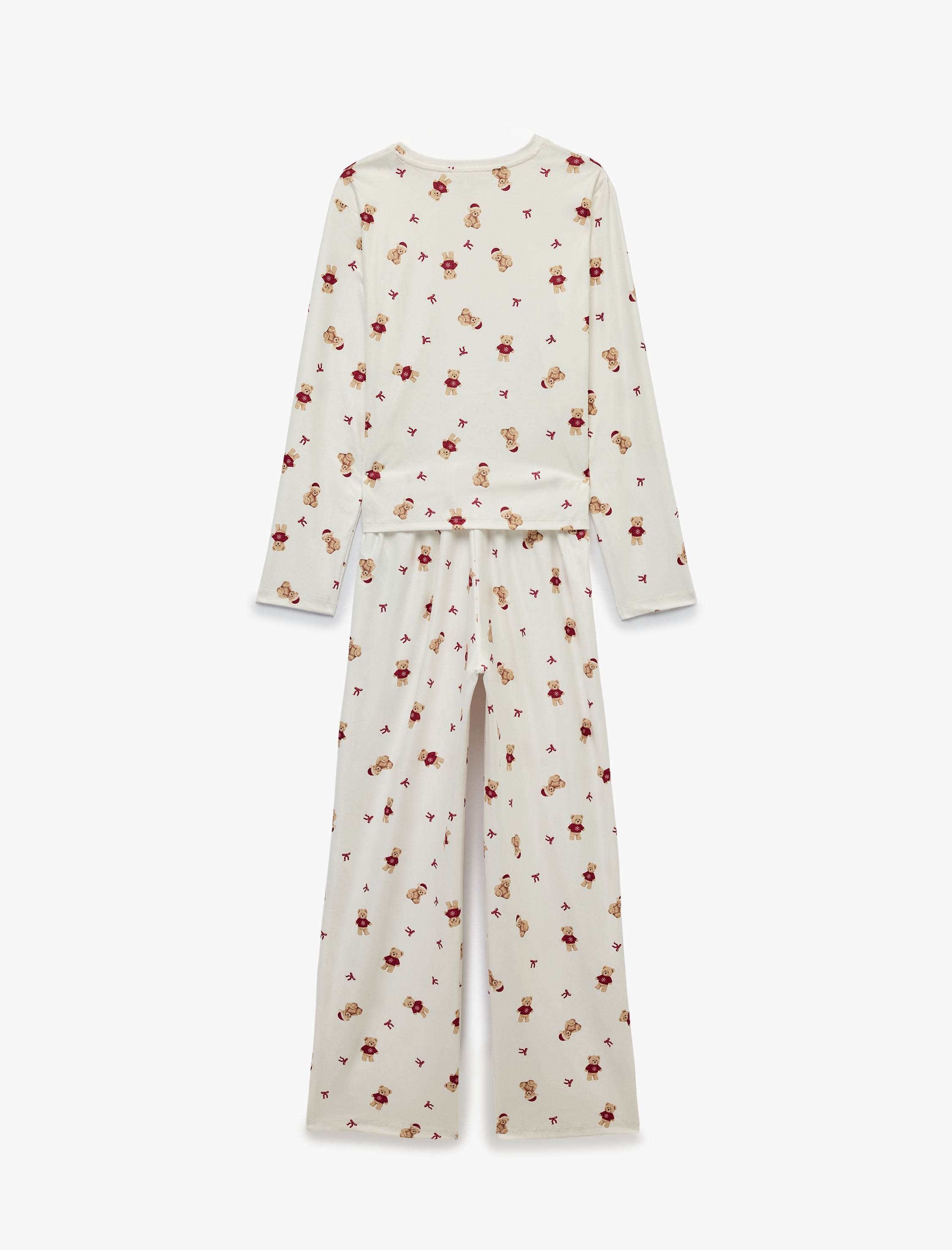   Rahat Kesim Uzun Kollu Bisiklet Yaka Ayıcık Baskılı Pijama Takımı