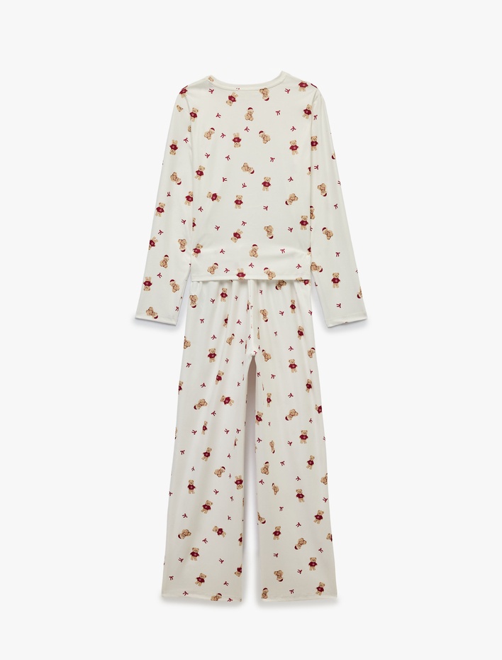  Rahat Kesim Uzun Kollu Bisiklet Yaka Ayıcık Baskılı Pijama Takımı