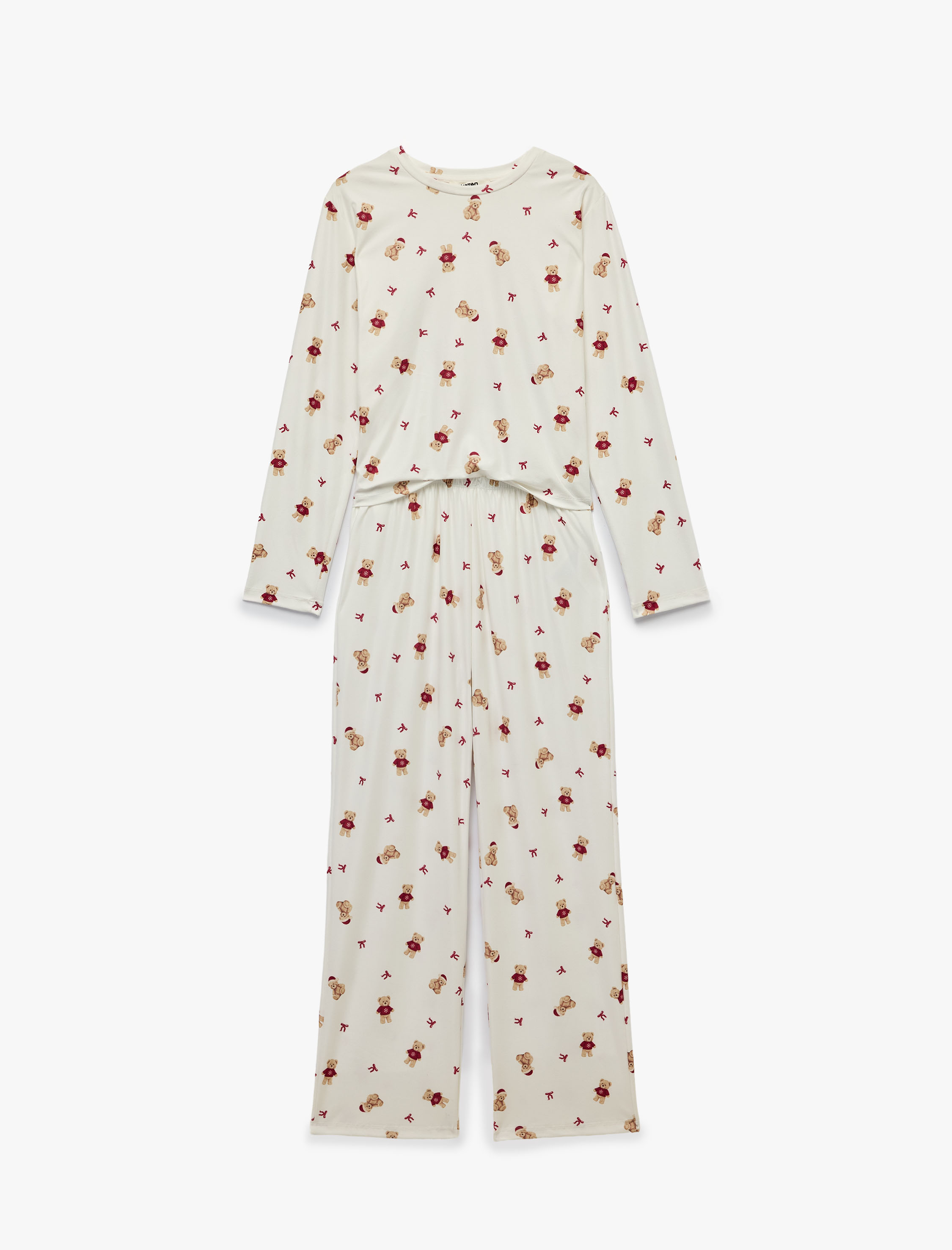   Rahat Kesim Uzun Kollu Bisiklet Yaka Ayıcık Baskılı Pijama Takımı