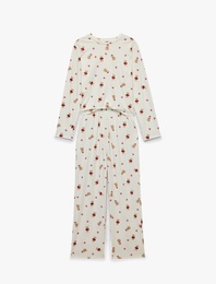 Rahat Kesim Uzun Kollu Bisiklet Yaka Ayıcık Baskılı Pijama Takımı