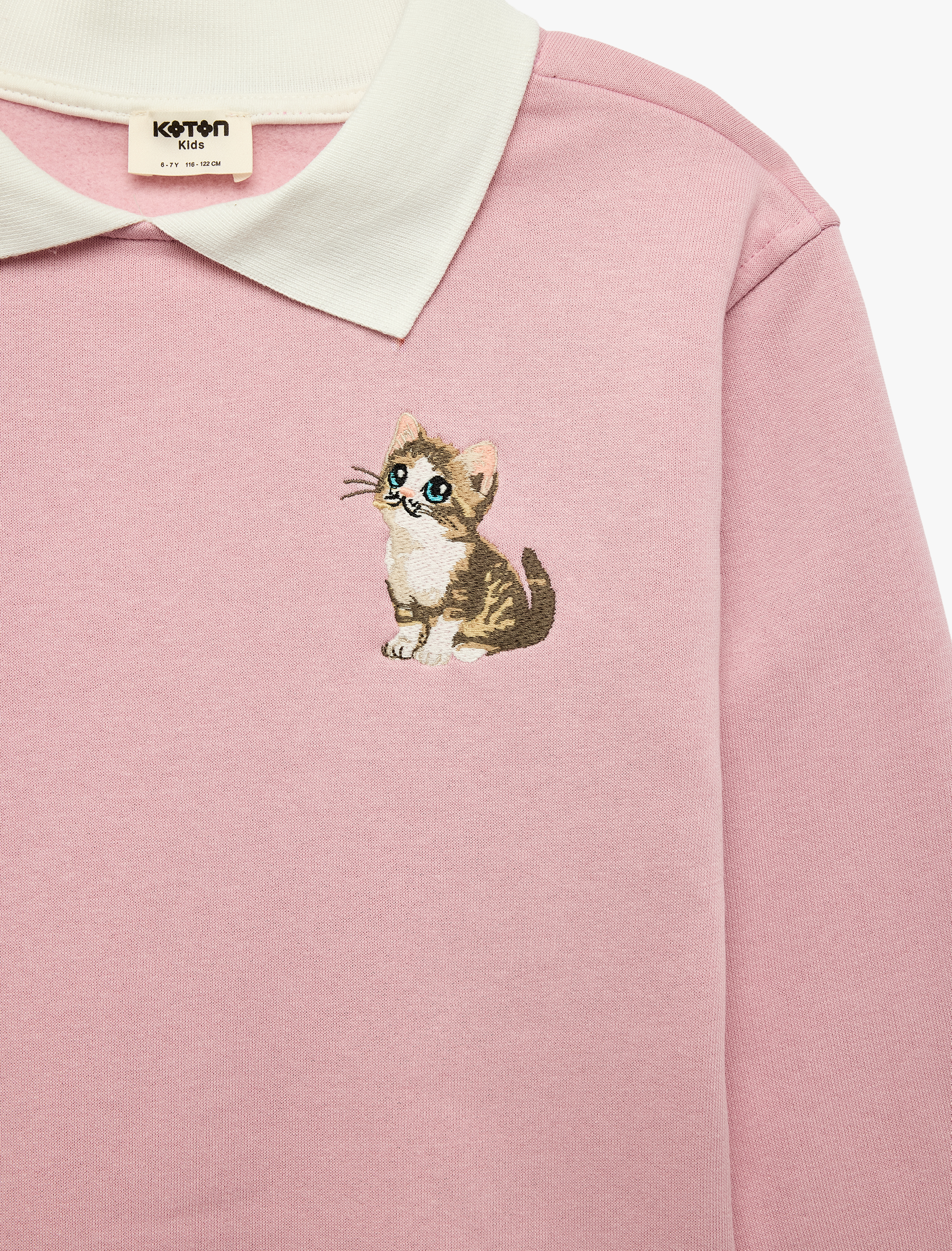  Kız Çocuk Kedi Nakışlı Uzun Kollu Polo Yaka Sweatshirt