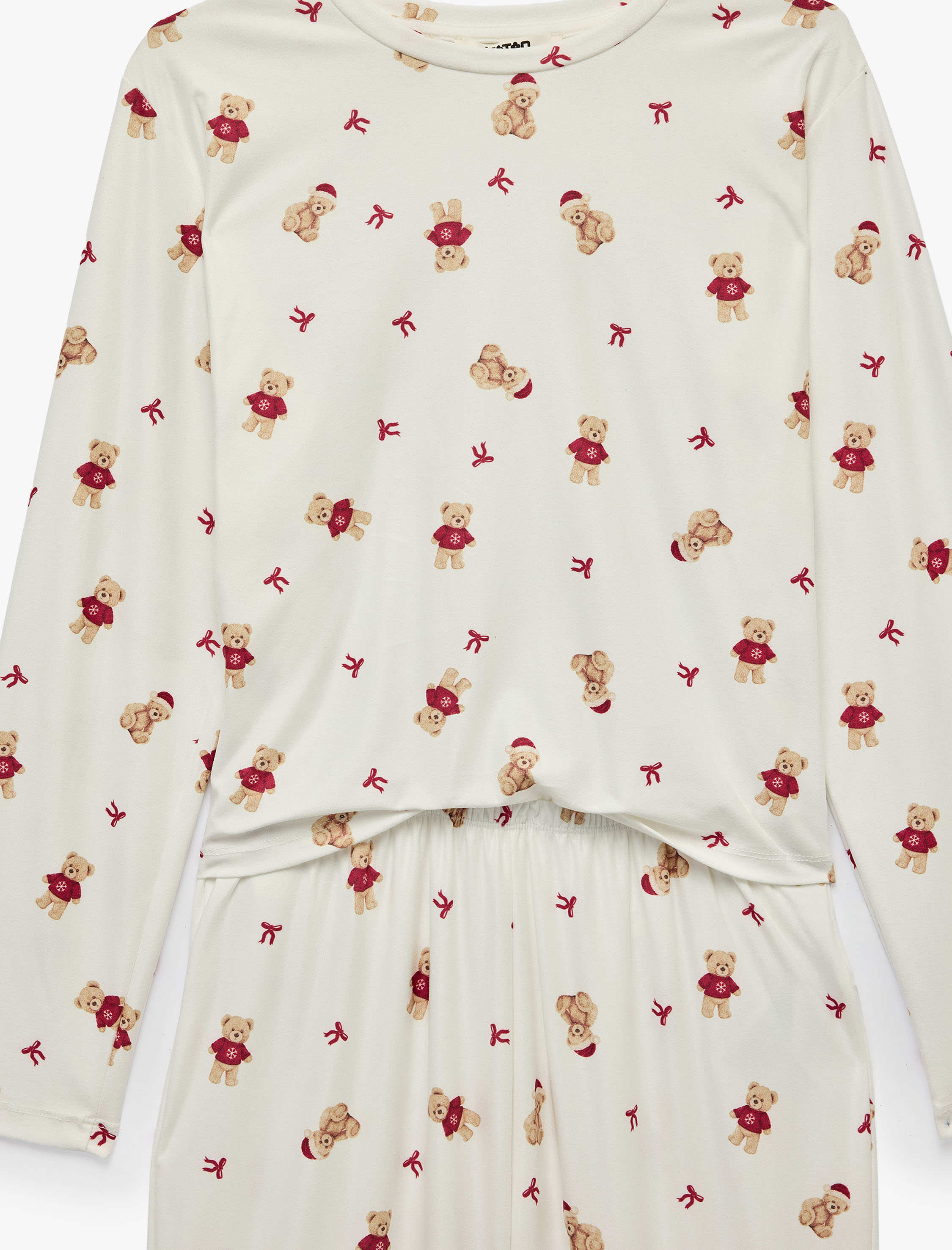   Rahat Kesim Uzun Kollu Bisiklet Yaka Ayıcık Baskılı Pijama Takımı