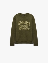 Uzun Kollu Şardonlu Bisiklet Yaka Yıkamalı Baskılı Sweatshirt