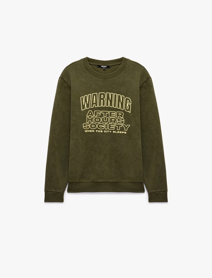  Uzun Kollu Şardonlu Bisiklet Yaka Yıkamalı Baskılı Sweatshirt