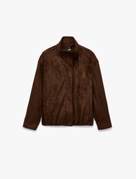 Uzun Kollu Fermuarlı Cepli Dik Yaka Oversize Suni Süet Bomber Ceket