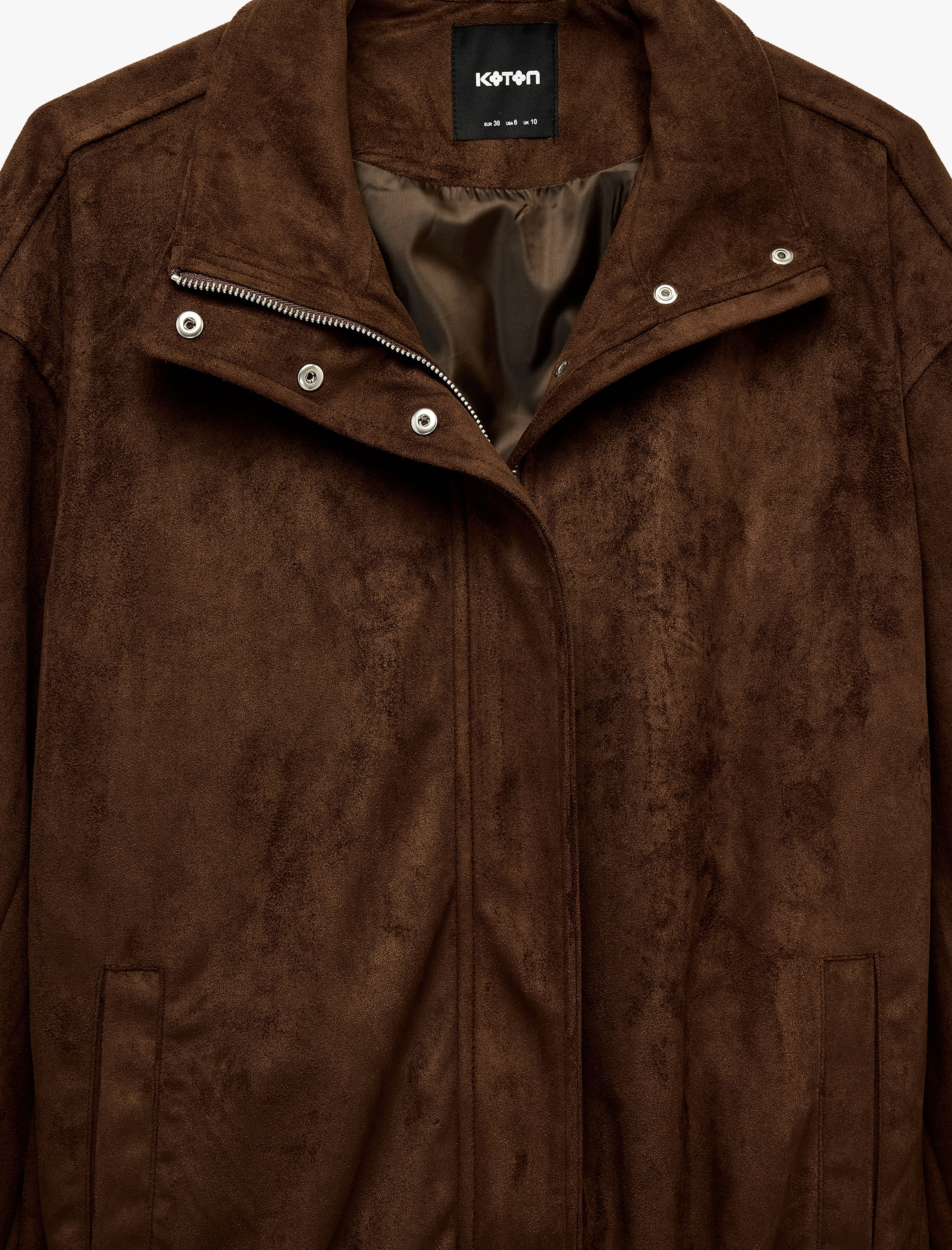   Uzun Kollu Fermuarlı Cepli Dik Yaka Oversize Suni Süet Bomber Ceket