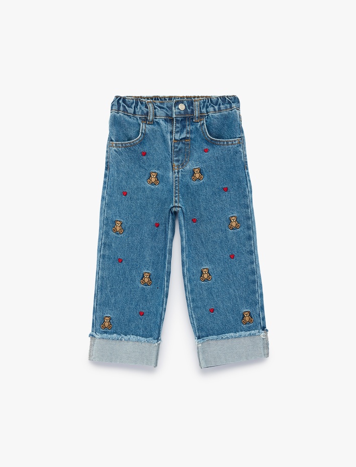 Kız Bebek Ayıcık ve Kalp Nakışlı Bol Kesim Pamuklu Geniş Paça Jean Pantolon