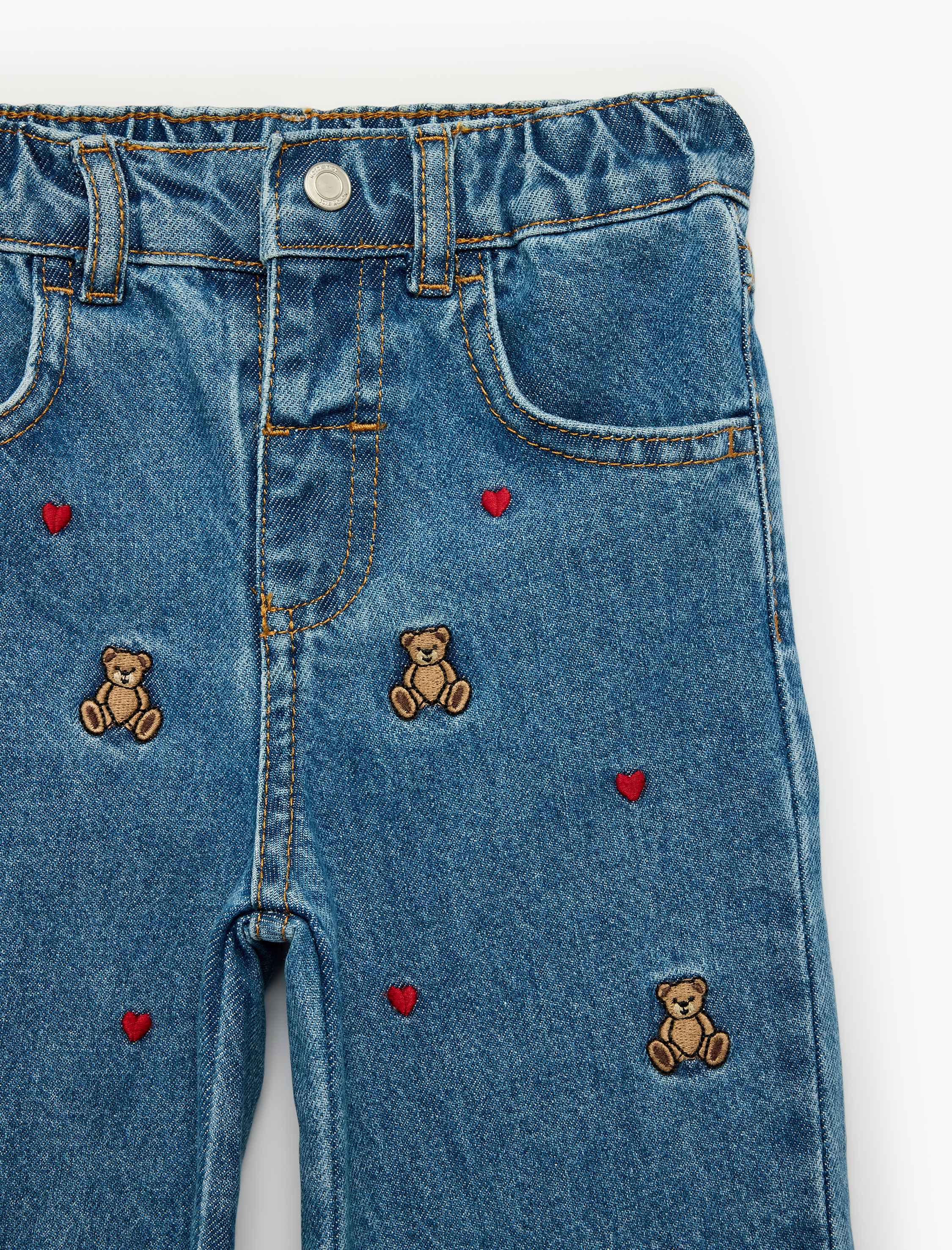 Kız Bebek Ayıcık ve Kalp Nakışlı Bol Kesim Pamuklu Geniş Paça Jean Pantolon