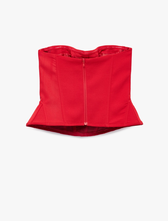 Krep Kumaş Peplum Kesim Dikiş Detaylı Straplez Kolsuz Korse Büstiyer