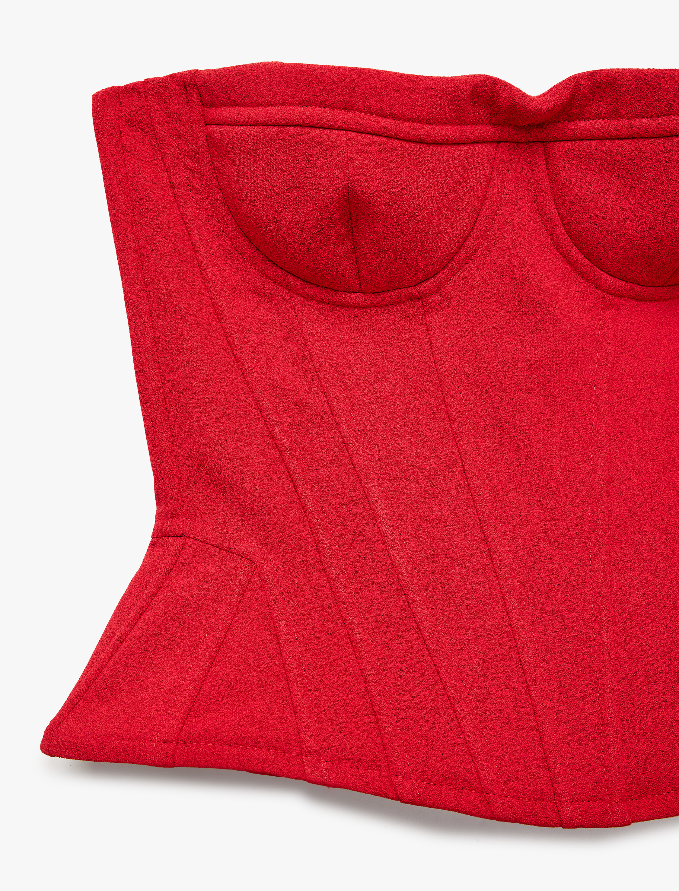   Krep Kumaş Peplum Kesim Dikiş Detaylı Straplez Kolsuz Korse Büstiyer