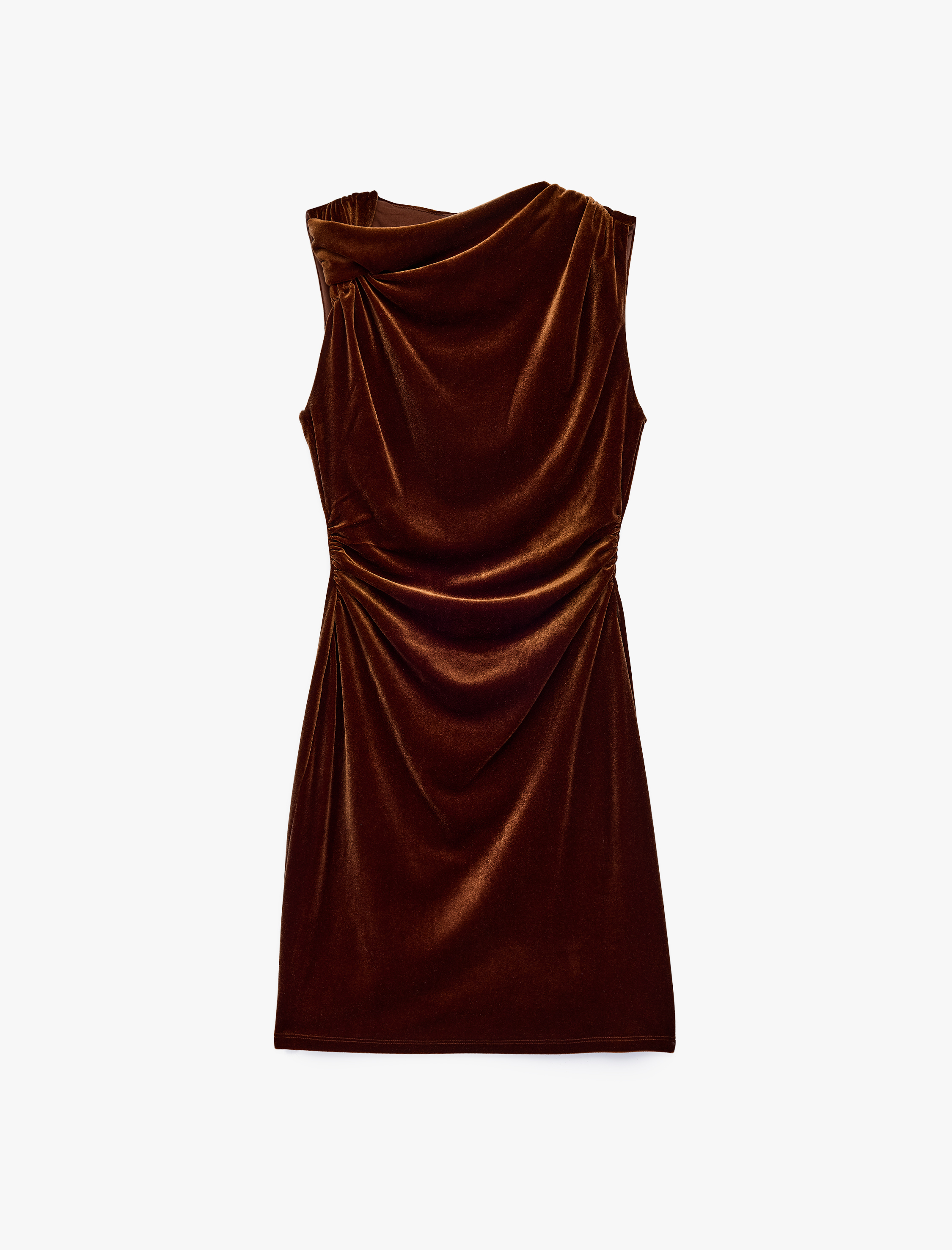   Slim Fit Asimetrik Yaka Kolsuz Drapeli Mini Kadife Elbise