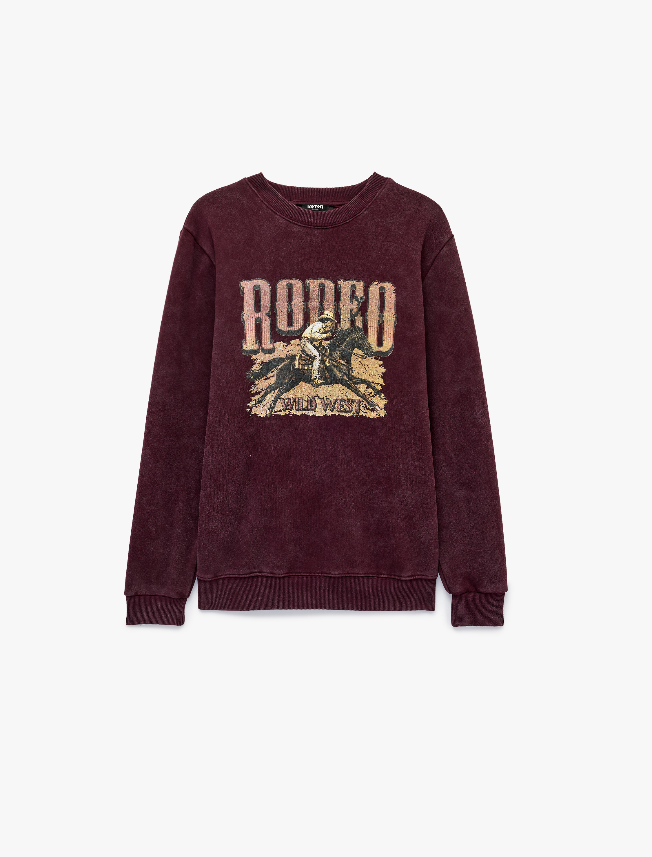   Üç İplik Şardonlu Uzun Kollu Yıkamalı Bisiklet Yaka Baskılı Sweatshirt
