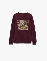 Üç İplik Şardonlu Uzun Kollu Yıkamalı Bisiklet Yaka Baskılı Sweatshirt