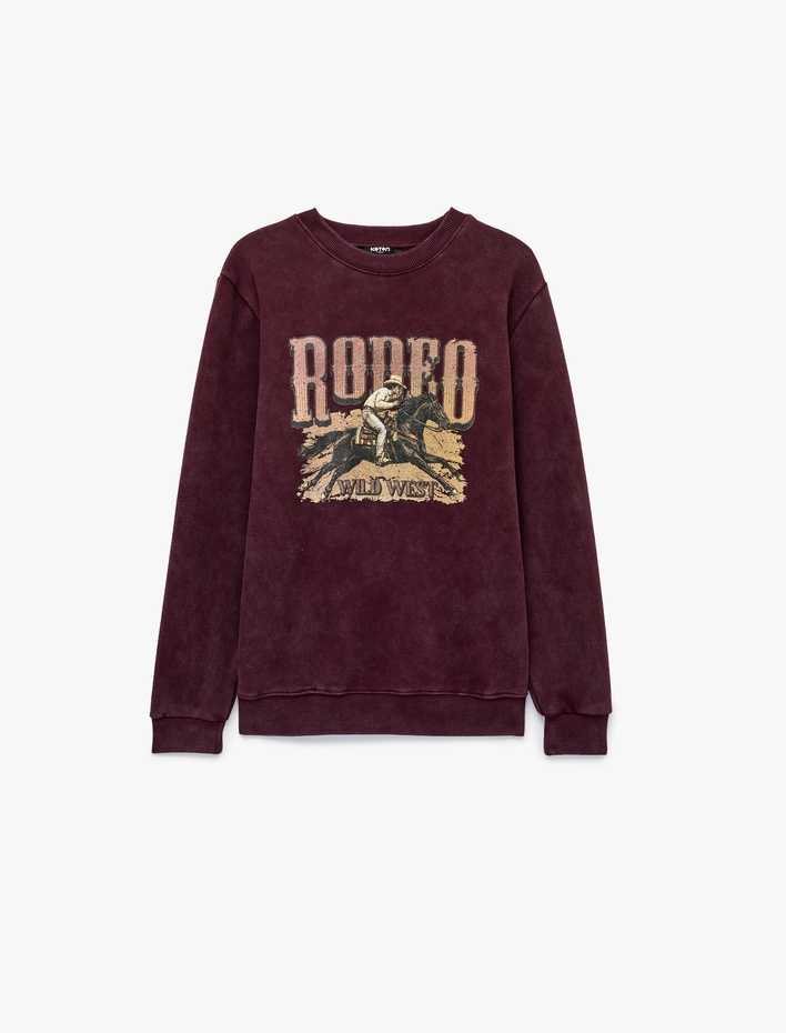  Üç İplik Şardonlu Uzun Kollu Yıkamalı Bisiklet Yaka Baskılı Sweatshirt
