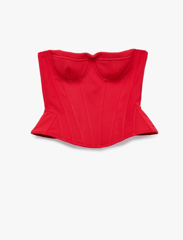  Krep Kumaş Peplum Kesim Dikiş Detaylı Straplez Kolsuz Korse Büstiyer