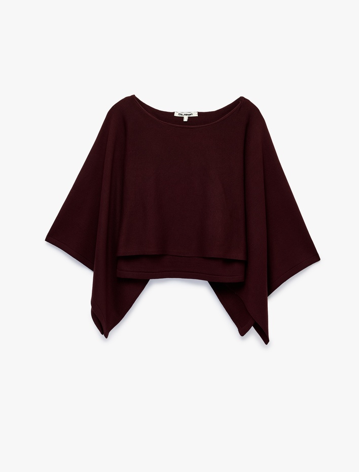  Triko Panço Pelerin Kazak Kayık Yaka 3/4 Yarasa Kol Crop