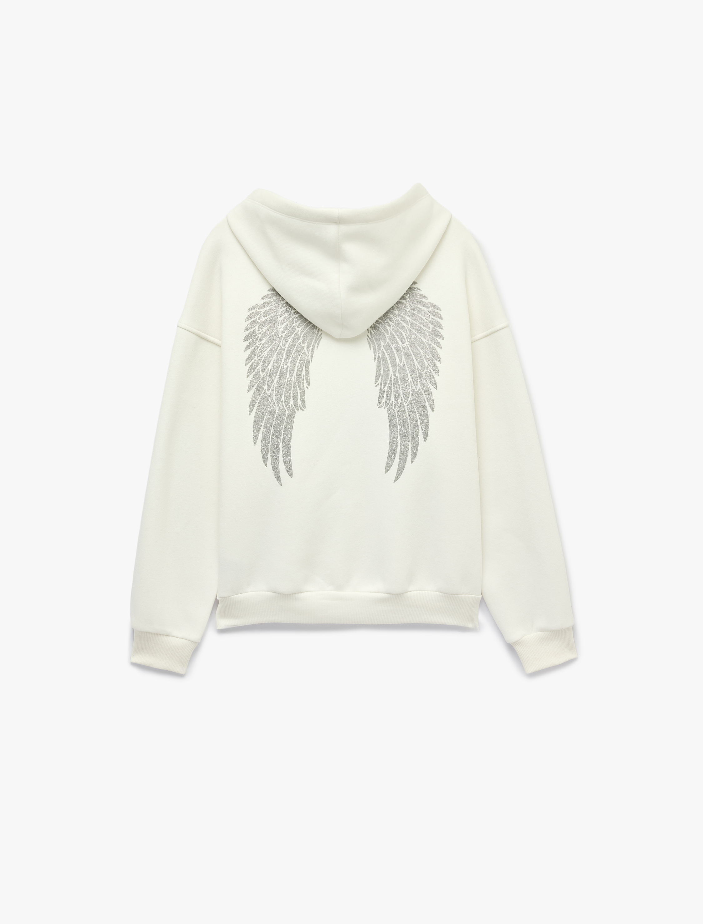   Şardonlu Rahat Kalıp Kapüşonlu Fermuarlı Kanat Baskılı Sweatshirt