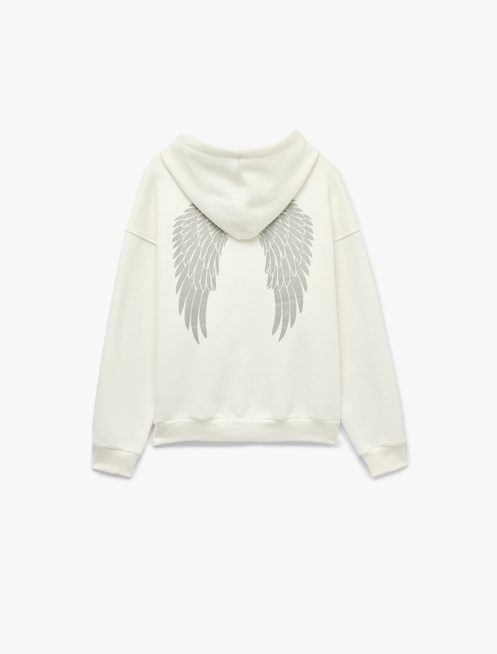  Şardonlu Rahat Kalıp Kapüşonlu Fermuarlı Kanat Baskılı Sweatshirt