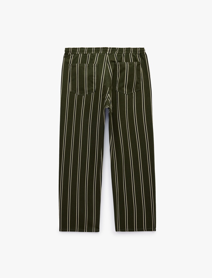  Regular Fit Pamuklu Cepli Çizgili Beli Bağcıklı Jogger Jean Pantolon