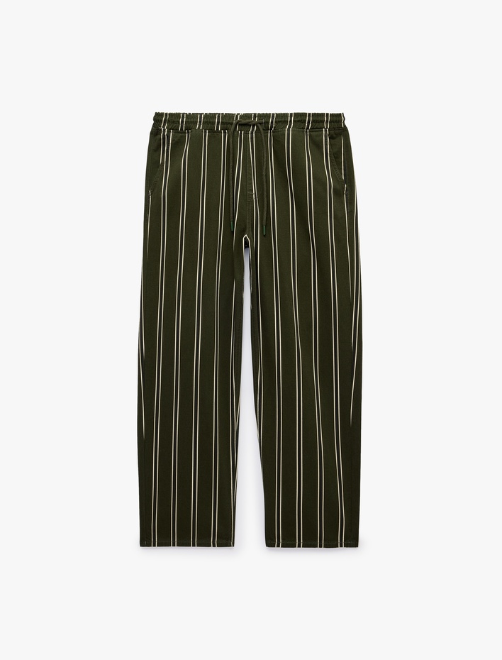  Regular Fit Pamuklu Cepli Çizgili Beli Bağcıklı Jogger Jean Pantolon