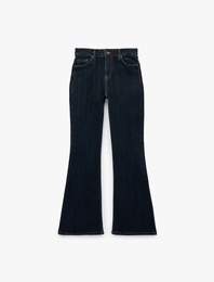 Pamuklu Dar Kesim Düğmeli Cepli İspanyol Paça Denim Pantolon - Flare Jeans