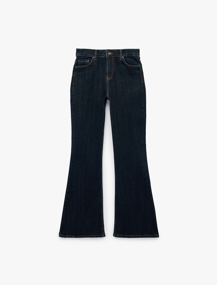  Pamuklu Dar Kesim Düğmeli Cepli İspanyol Paça Denim Pantolon - Flare Jeans