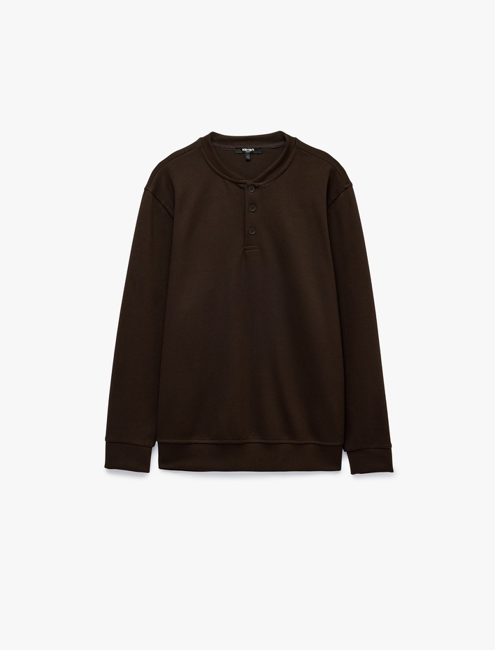  Uzun Kollu Pike Kumaş Düğmeli Henley Yaka Sweatshirt