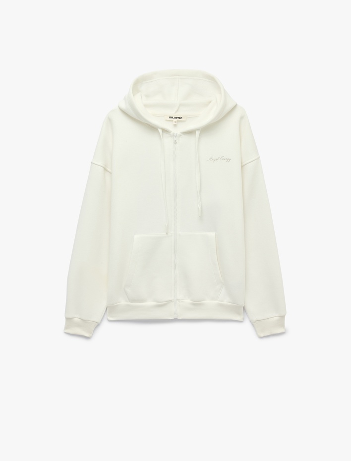  Şardonlu Rahat Kalıp Kapüşonlu Fermuarlı Kanat Baskılı Sweatshirt