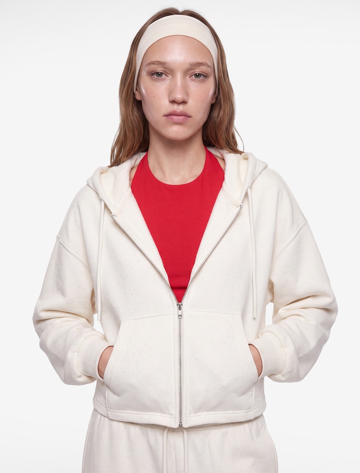  Şardonlu Arkası Baskılı Cepli Simli Kapüşonlu Fermuarlı Crop Dansçı Sweatshirt