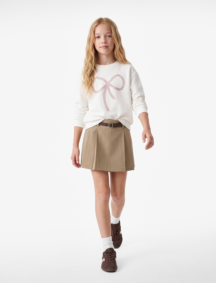 Kız Çocuk Fiyonk Baskılı Uzun Kollu Bisiklet Yaka Sweatshirt