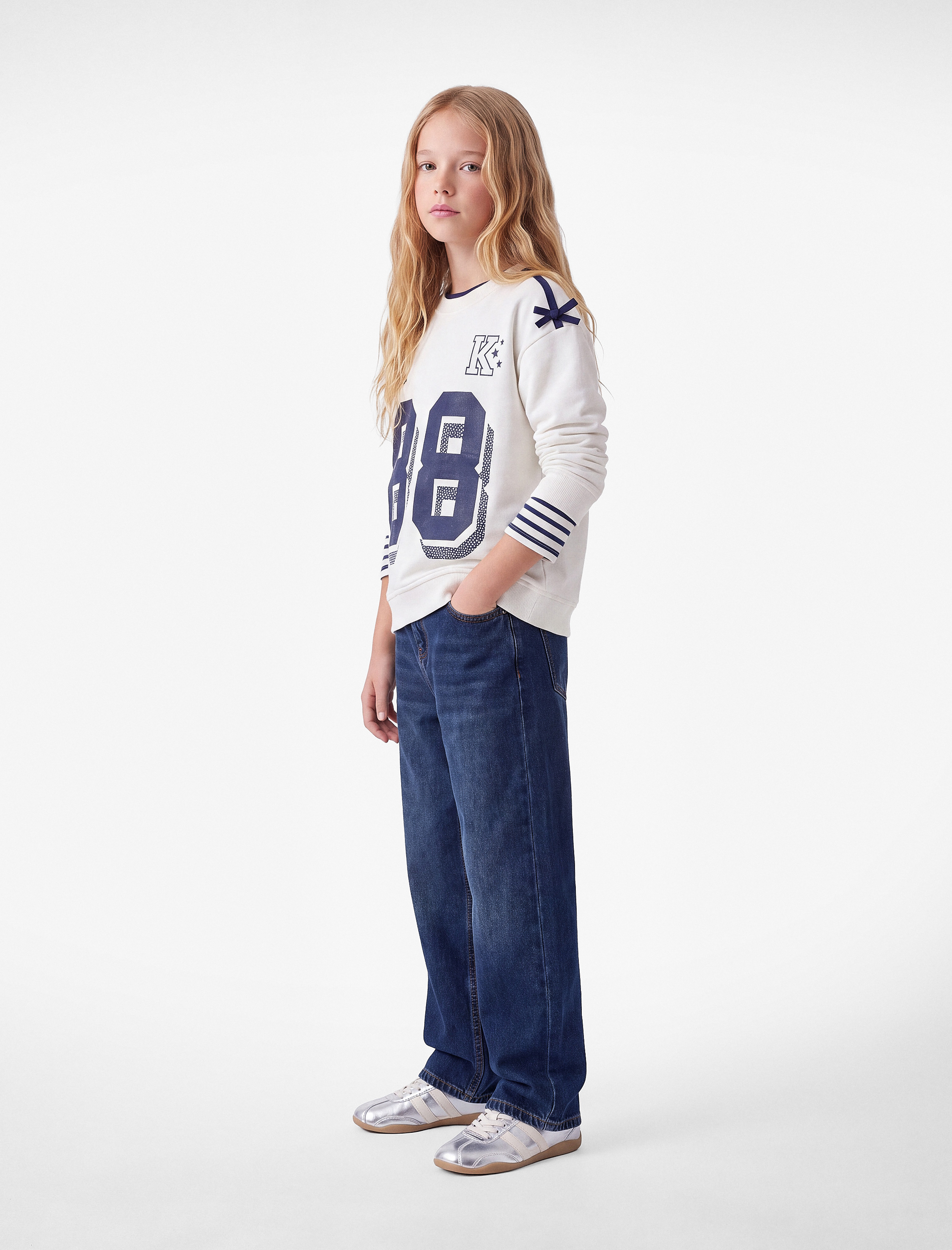  Kız Çocuk Fiyonklu Bisiklet Yaka Uzun Kollu Baskılı Oversize Sweatshirt