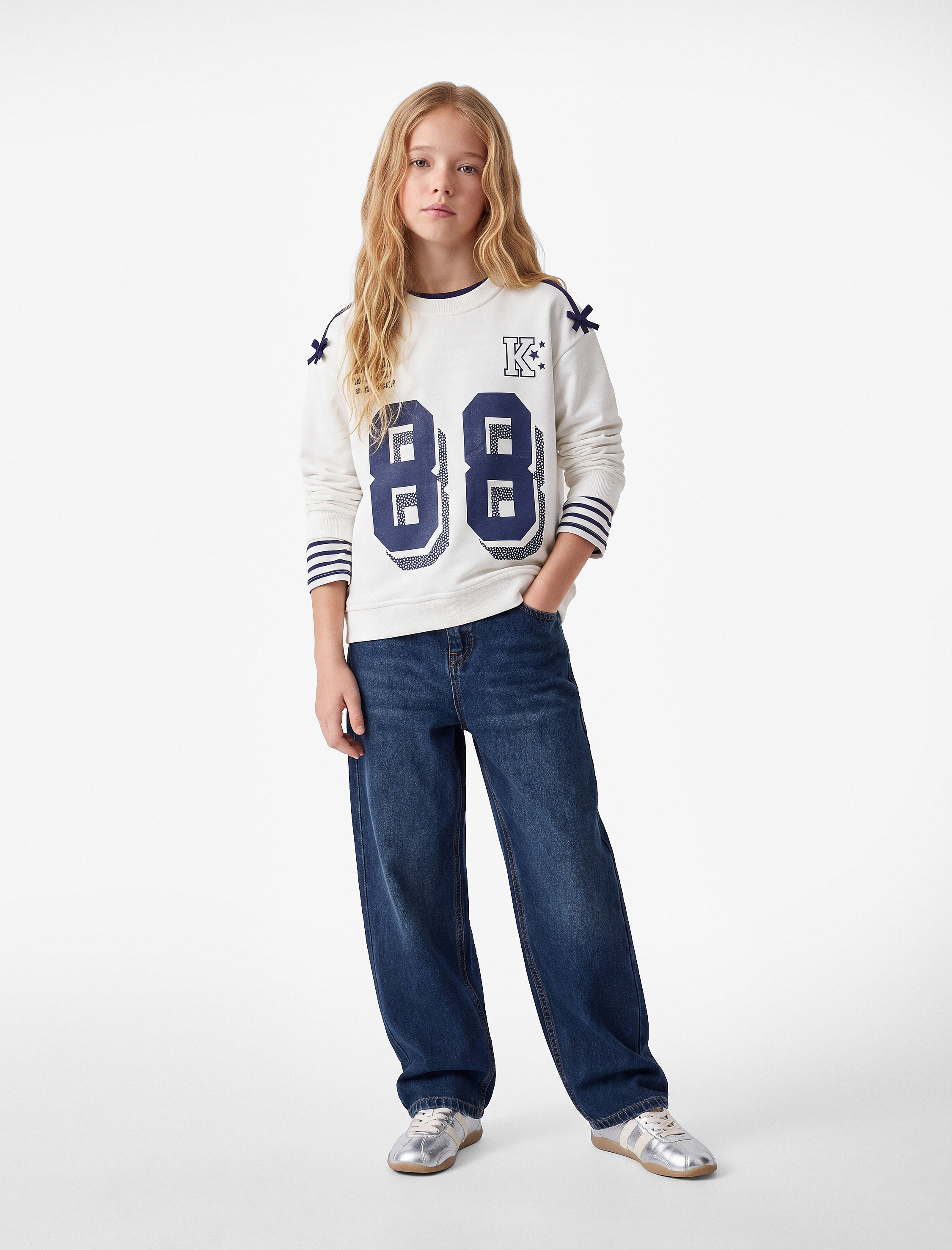  Kız Çocuk Fiyonklu Bisiklet Yaka Uzun Kollu Baskılı Oversize Sweatshirt