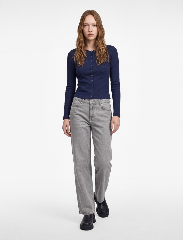  Pamuklu Slim Fit Bisiklet Yaka Uzun Kollu Düğmeli Triko Hırka