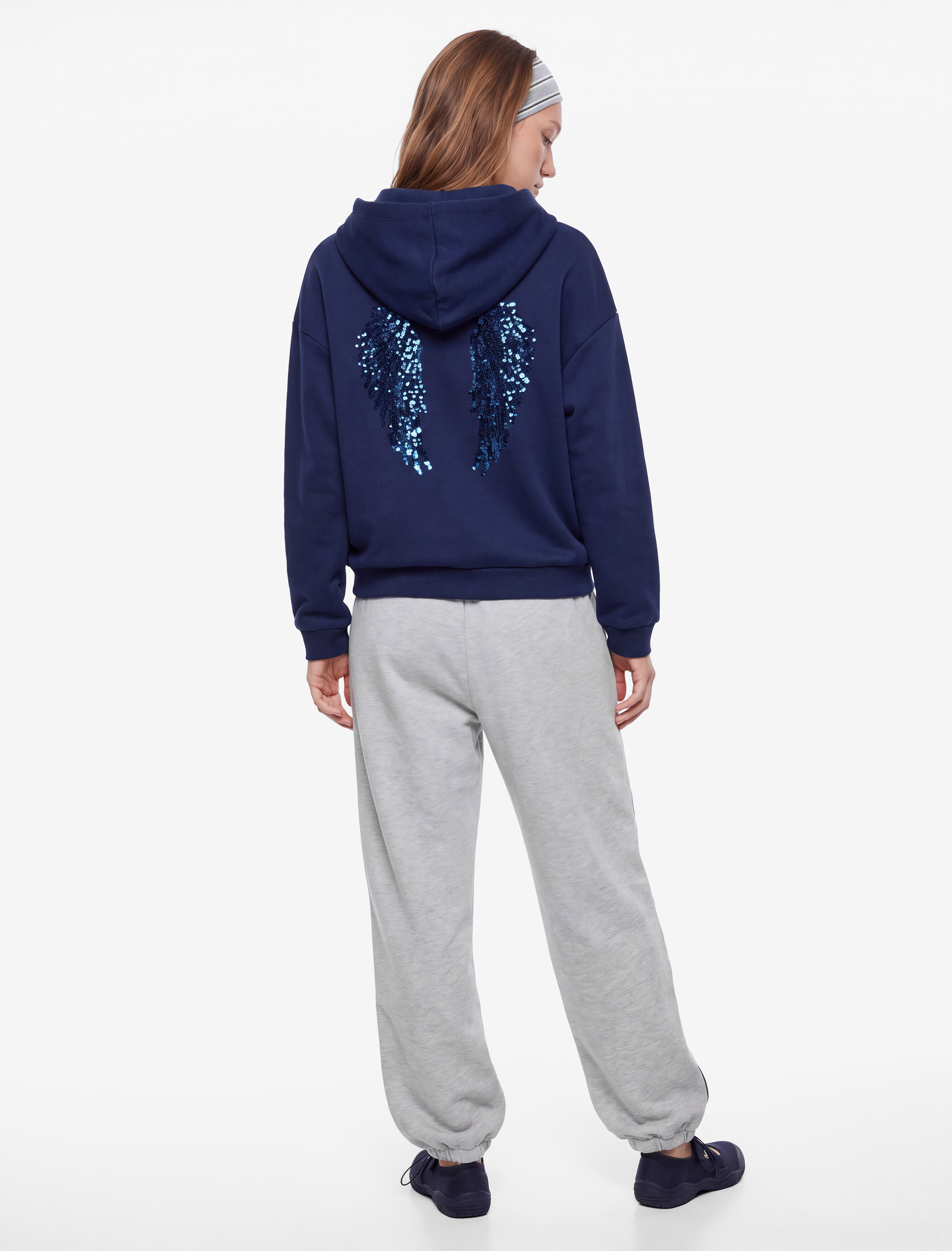   Şardonlu Rahat Kalıp Kapüşonlu Fermuarlı Simli Melek Baskılı Dansçı Sweatshirt