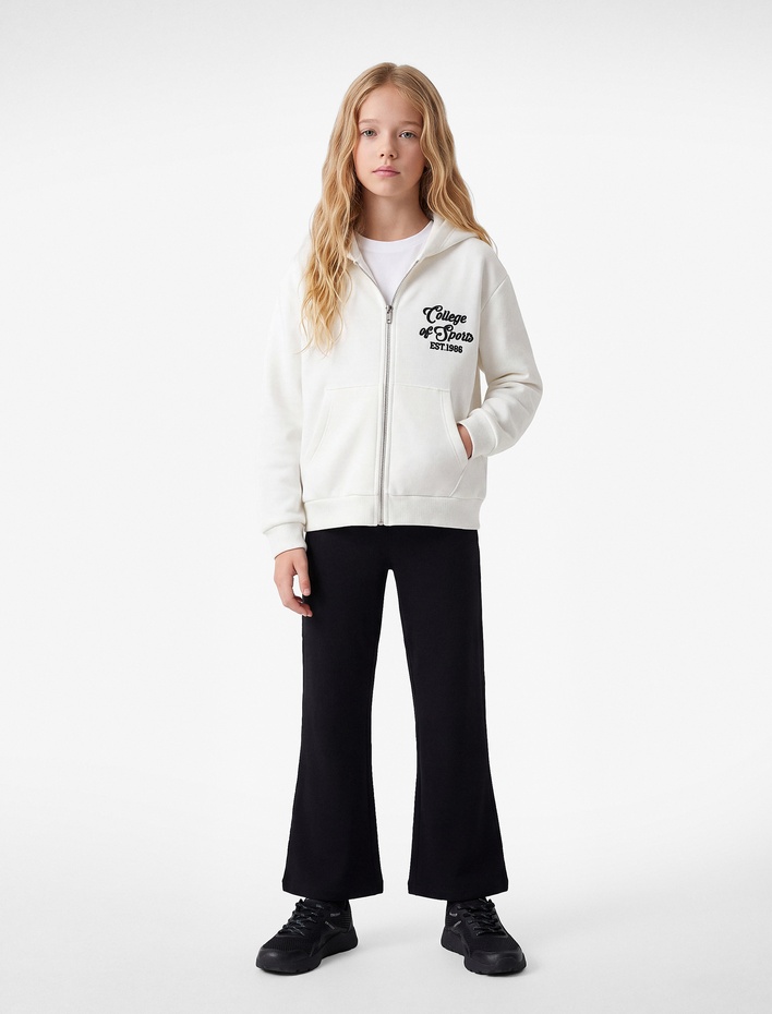Kız Çocuk Cepli Uzun Kollu Baskılı Oversize Kapşonlu Fermuarlı Sweatshirt