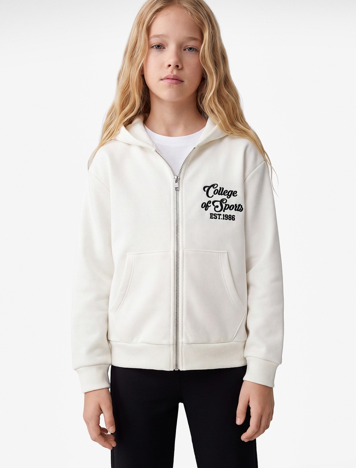 Kız Çocuk Cepli Uzun Kollu Baskılı Oversize Kapşonlu Fermuarlı Sweatshirt
