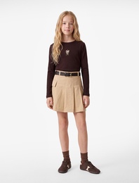 Çiçek Nakışlı Slim Fit Pamuklu Bisiklet Yaka Uzun Kollu Tişört
