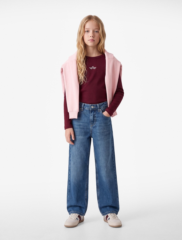 Kız Çocuk Kanat Nakışlı Slim Fit Pamuklu Kaşkorse Bisiklet Yaka Uzun Kollu Tişört