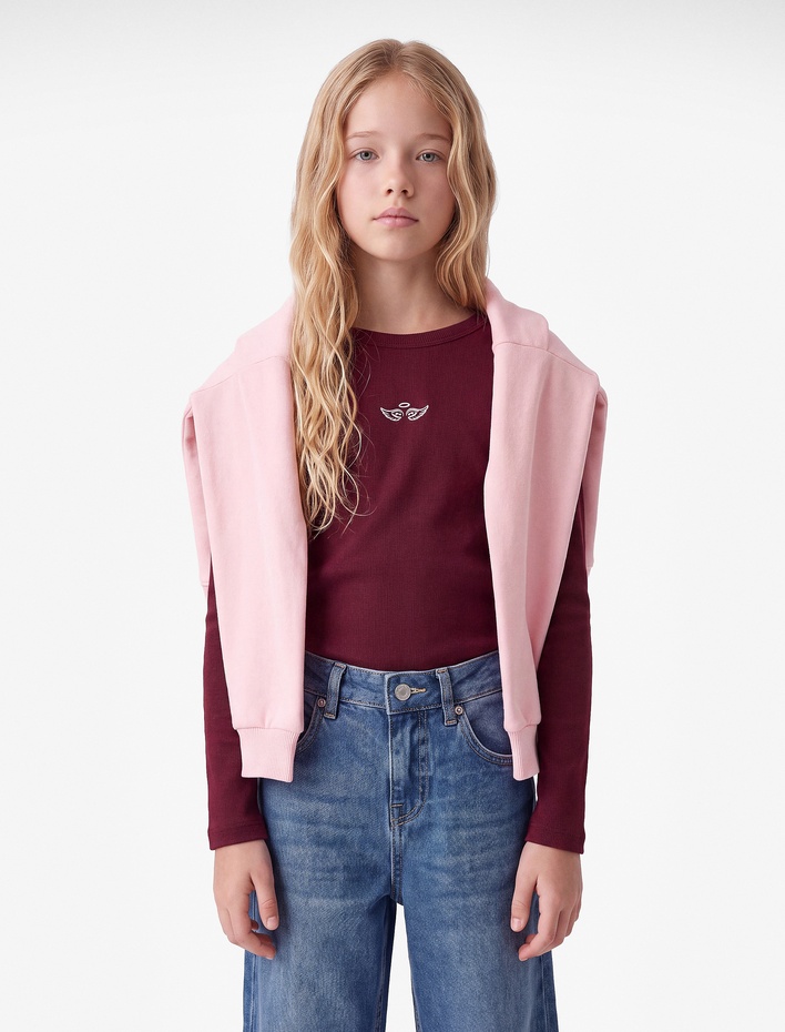 Kız Çocuk Kanat Nakışlı Slim Fit Pamuklu Kaşkorse Bisiklet Yaka Uzun Kollu Tişört