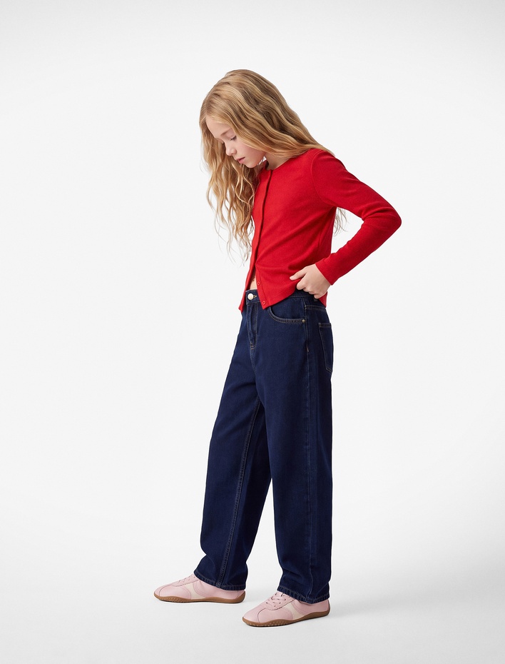 Kız Çocuk Pamuklu Slim Fit Bisiklet Yaka Uzun Kollu Düğmeli Ribanalı Tişört