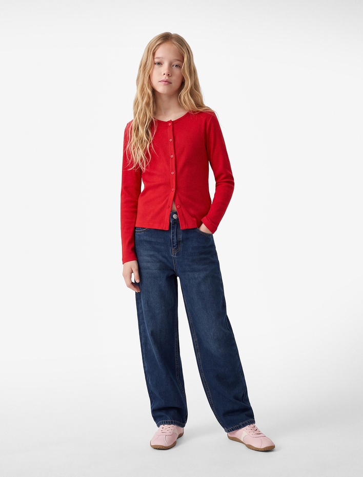 Kız Çocuk Pamuklu Slim Fit Bisiklet Yaka Uzun Kollu Düğmeli Ribanalı Tişört