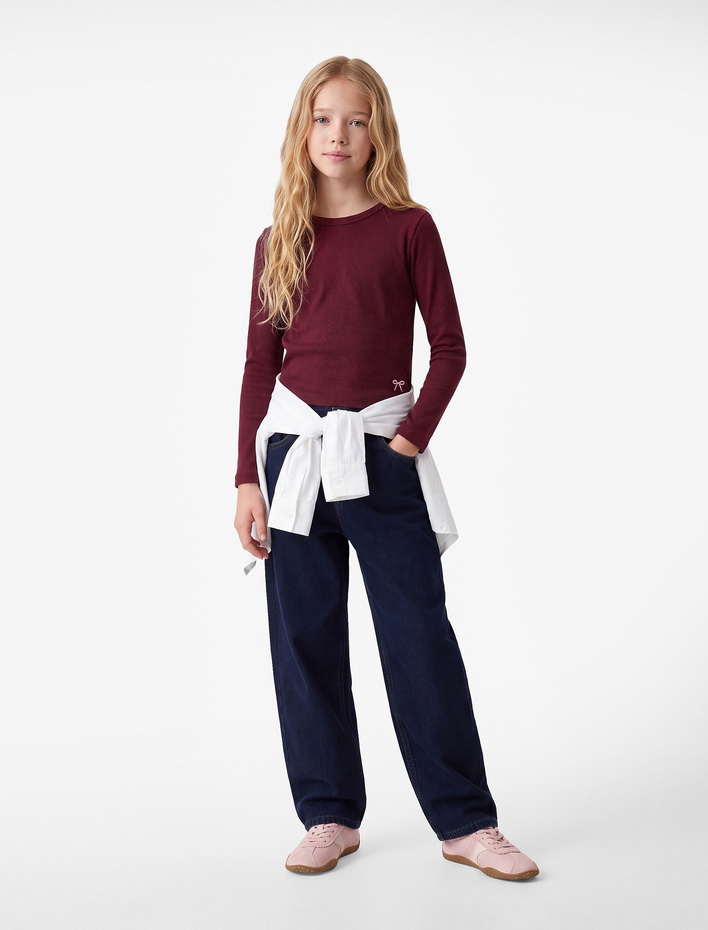 Kız Çocuk Nakışlı Slim Fit Pamuklu Kaşkorse Bisiklet Yaka Uzun Kollu Tişört