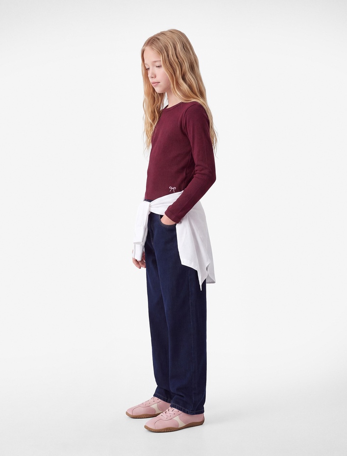 Kız Çocuk Nakışlı Slim Fit Pamuklu Kaşkorse Bisiklet Yaka Uzun Kollu Tişört