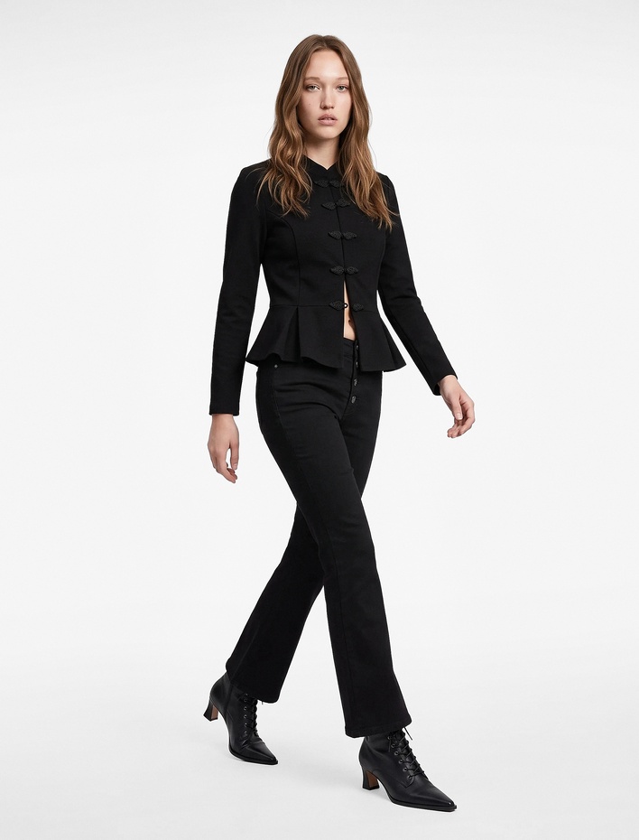  Mandarin Yaka Süslü Düğmeli Slim Fit Uzun Kollu Krep Tişört